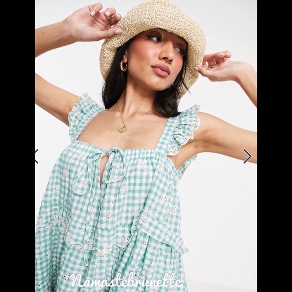 **SOLD***🌻NWOT🌻 Just Me Medium Flowy Green Gingham Embroidered Babydoll Mini - Picture 9 of 17